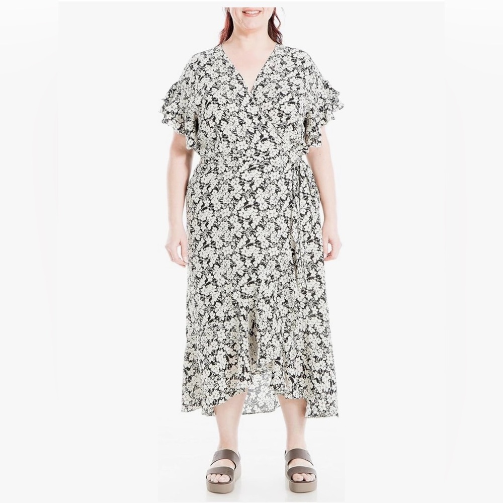 Max Studio Short Sleeve Wrapped Midi Dress (Sz 1X) Black & White Floral